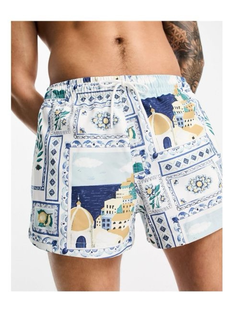 Abercrombie & Fitch White & Blue Mediterranean Print Swim Trunks